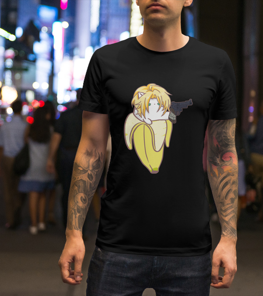 Bananya Fish 990217 Cat In Banana Costume With Toy Gun Anime T-Shirt