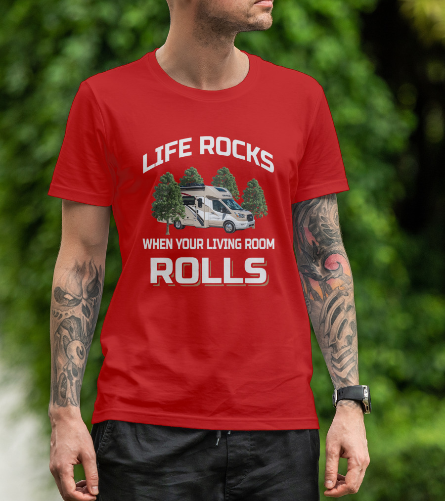 LIFE ROCKS WHEN YOUR LIVING ROOM ROLLS Gemini RV Camper Adventure T-Shirt
