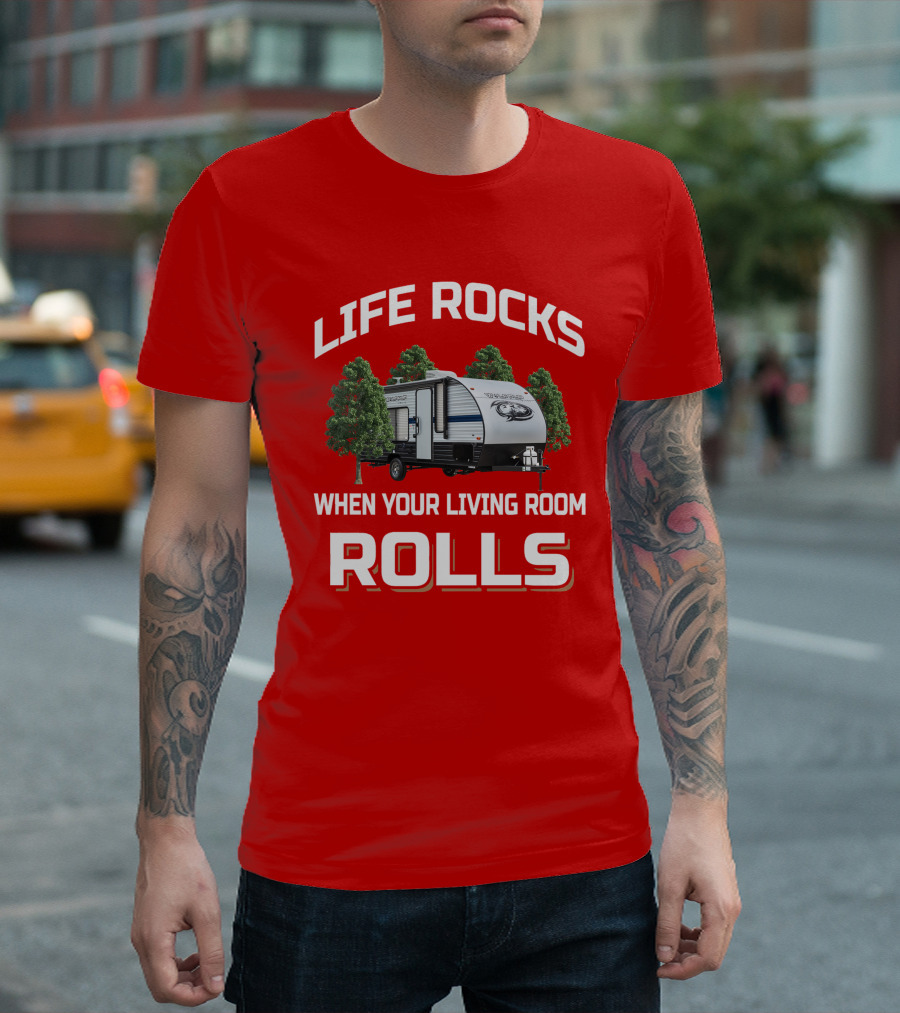 LIFE ROCKS WHEN YOUR LIVING ROOM ROLLS Forest River Wolf Pup T-Shirt