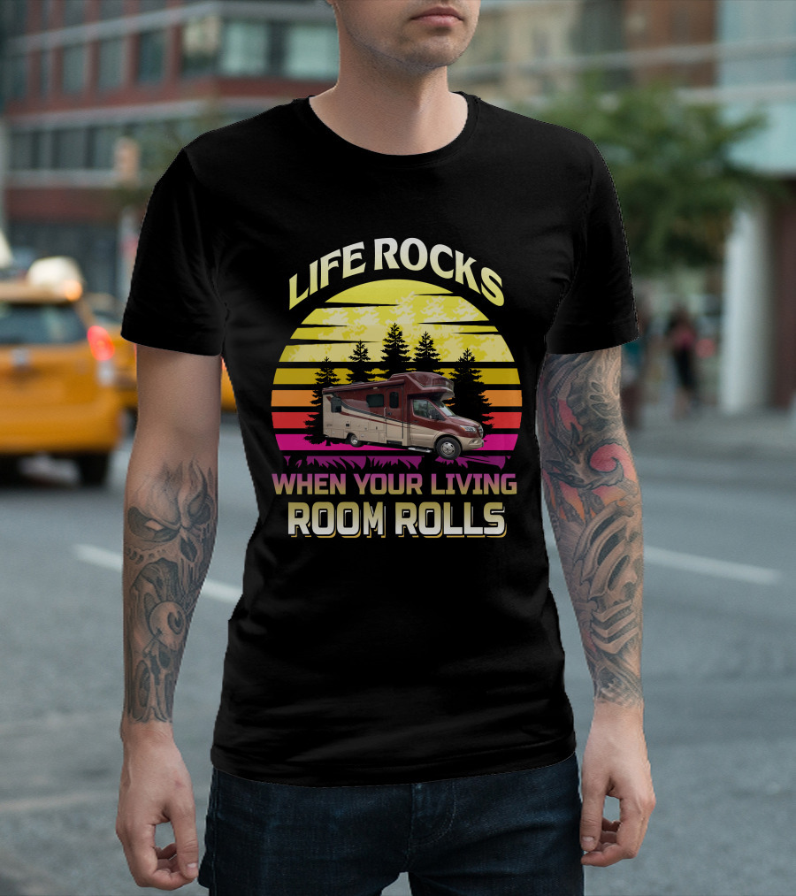 LIFE ROCKS WHEN YOUR LIVING ROOM ROLLS Campervan Vintage Sunset T-Shirt