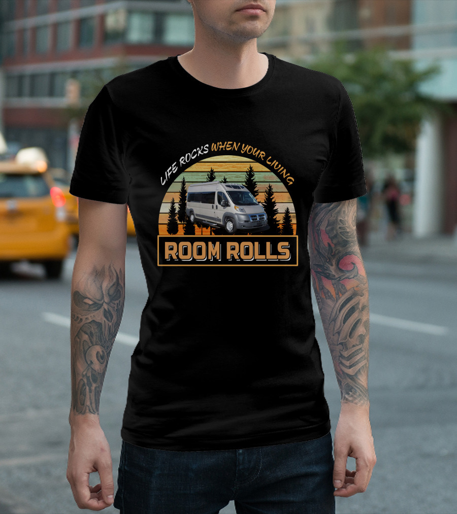 Life Rocks When Your Living Room Rolls Roadtrek Motorhomes Vintage Sunset Forest T-Shirt