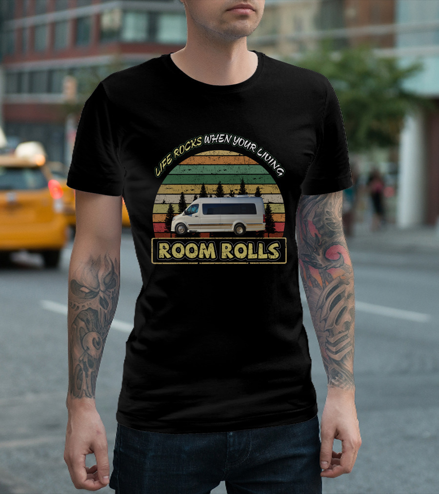 LIFE ROCKS WHEN YOUR LIVING ROOM ROLLS Grech Strada-ion Camper Van Retro Stripes Vintage Forest Adventure T-Shirt