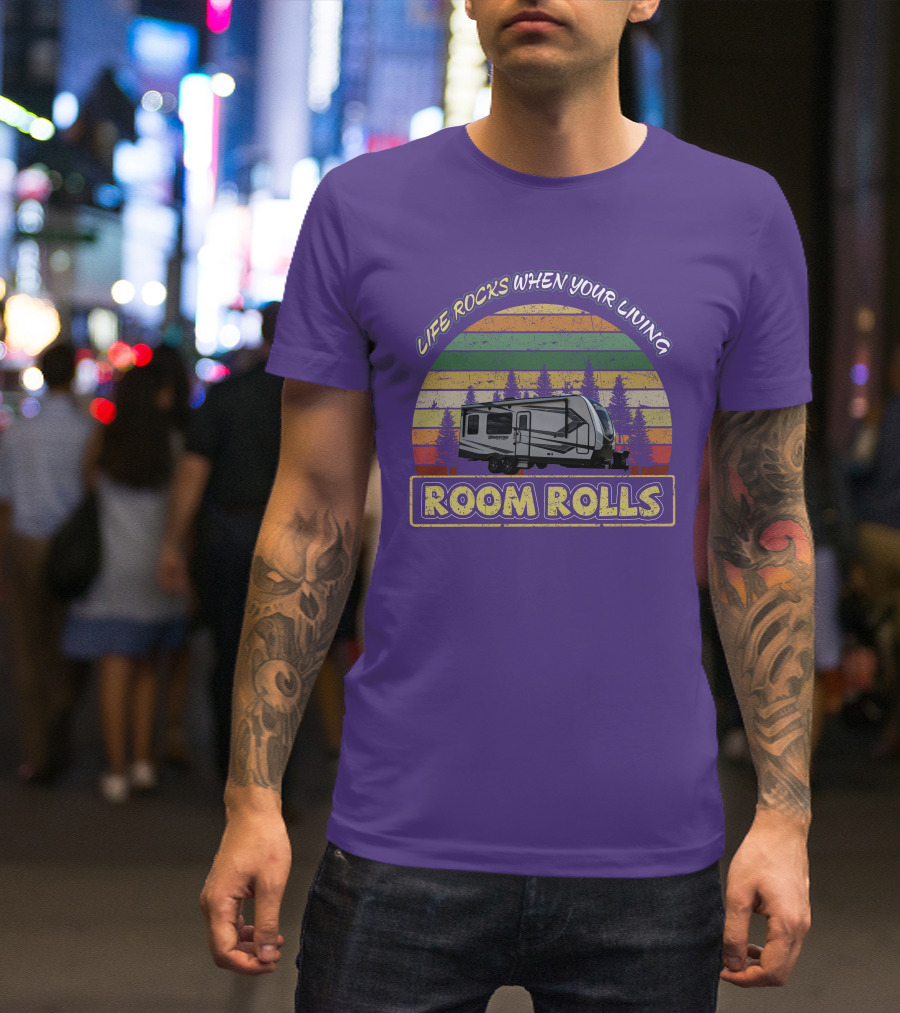 Life Rocks When Your Living Room Rolls Camper Vintage Sunset Forest T-Shirt