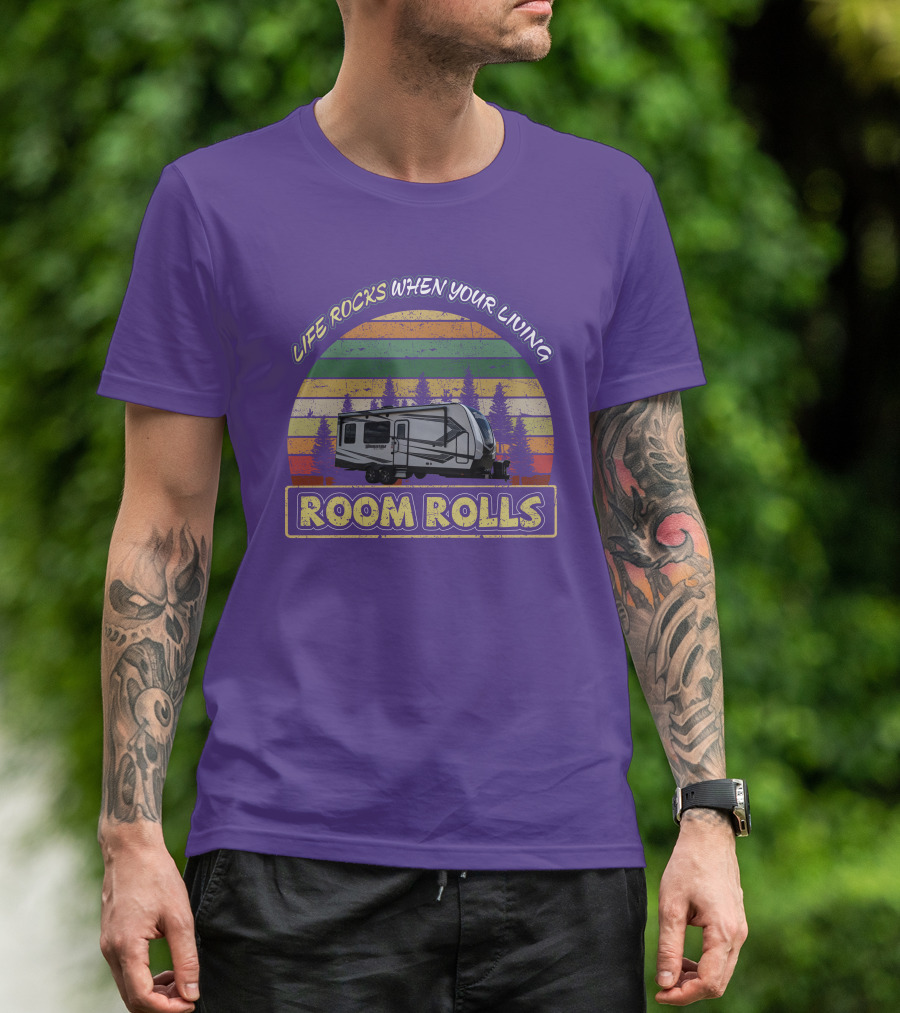 Life Rocks When Your Living Room Rolls Camper Vintage Sunset Forest T-Shirt