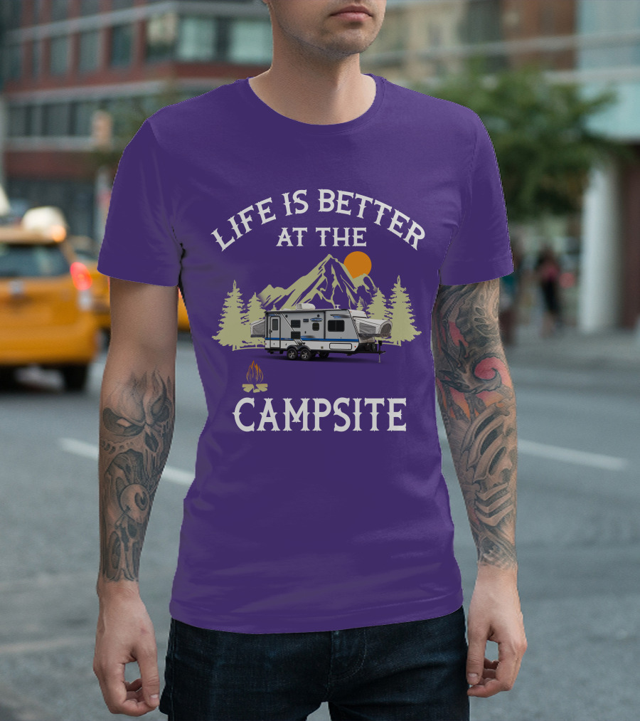 Life is Better at the Campsite Hybrid Campers Mountain Scene T-Shirt