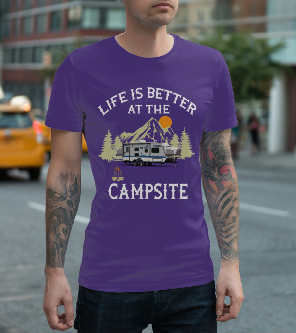 Life Is Better At The Campsite Hybrid Campers Mountain Scene T-Shirt