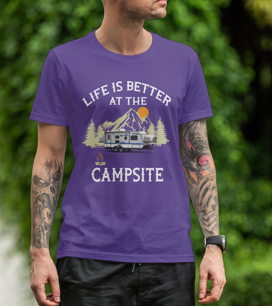 Life Is Better At The Campsite Hybrid Campers Mountain Scene T-Shirt