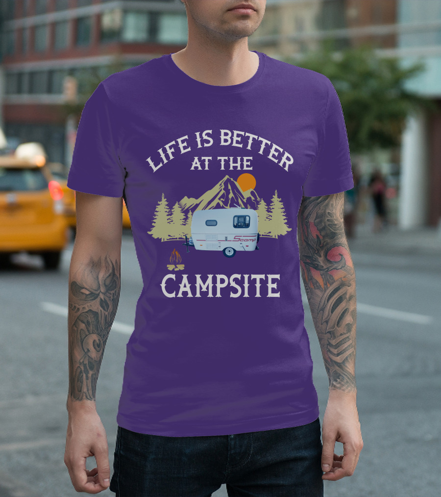 Life Is Better At The Campsite Scamp Small Travel Trailers Mountain Sunset T-Shirt