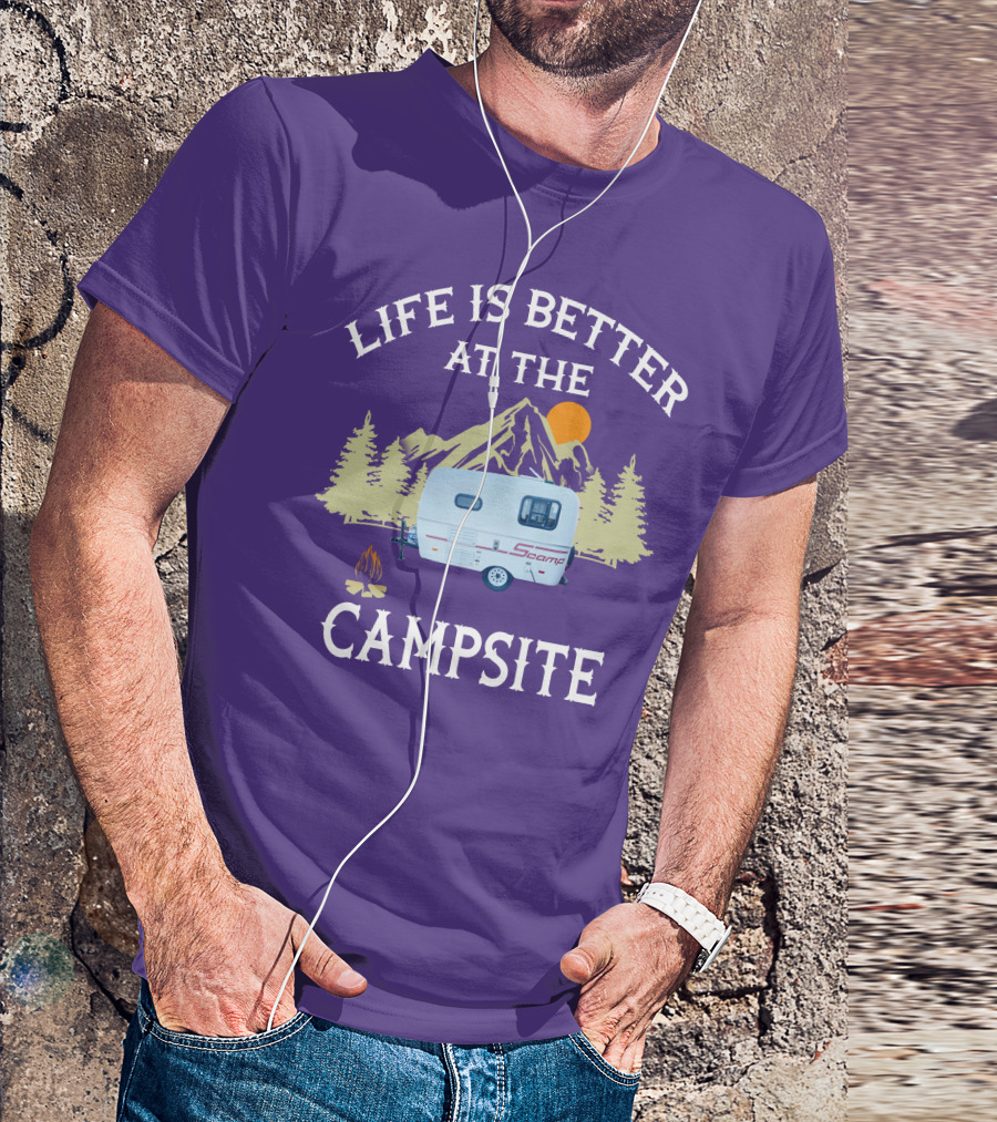 Life Is Better At The Campsite Scamp Small Travel Trailers Mountain Sunset T-Shirt