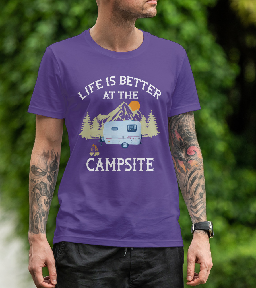 Life Is Better At The Campsite Scamp Small Travel Trailers Mountain Sunset T-Shirt