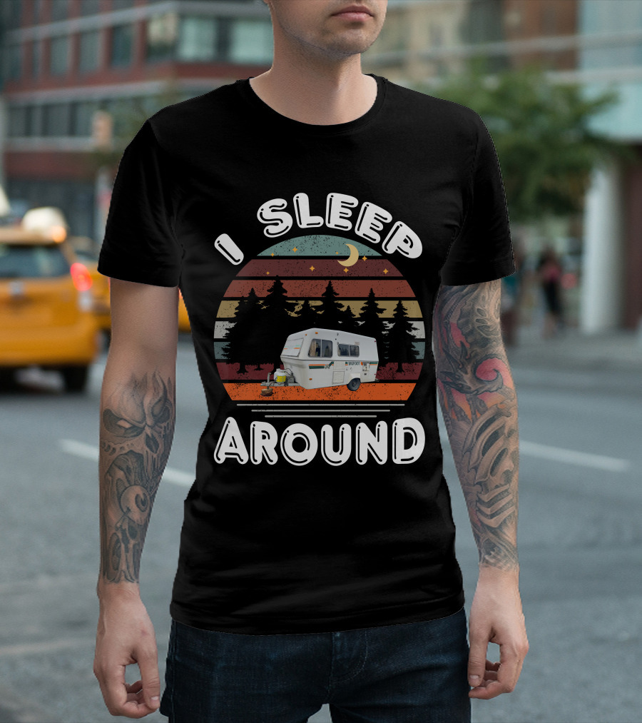 I Sleep Around Bigfoot Fiberglass Camper Forest Scene T-Shirt