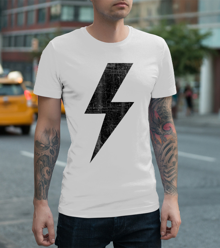 Retro Distressed Black Lightning Bolt Graphic Vintage Aesthetic T-Shirt