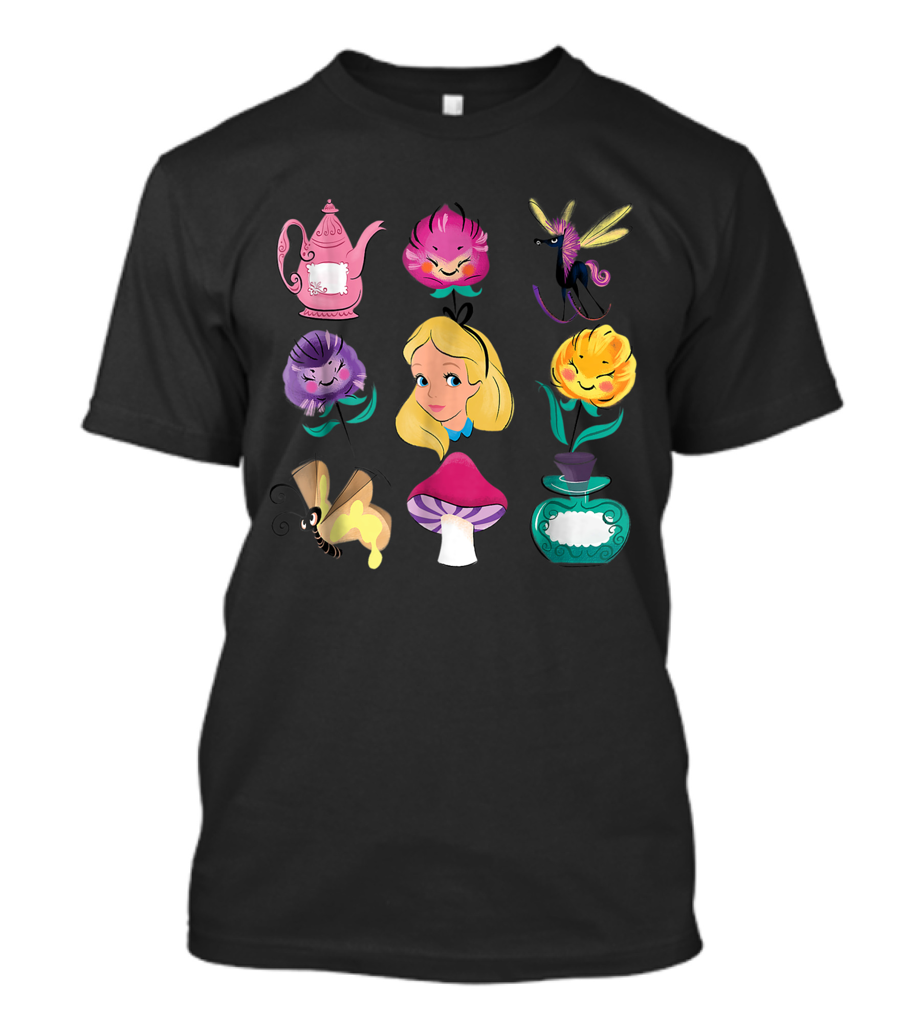Alice Wonderland Flowers Teapot Caterpillar Cheshire Cat Elements T-Shirt