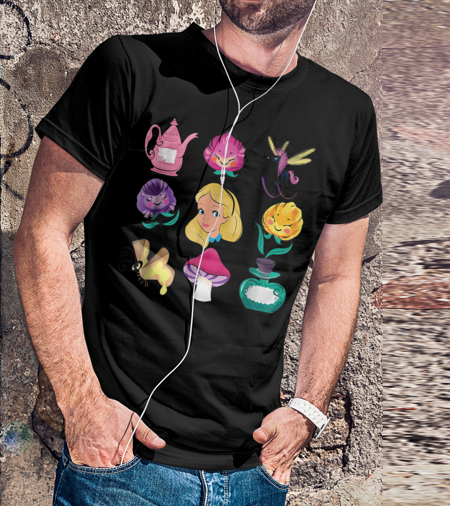 Alice Wonderland Flowers Teapot Caterpillar Cheshire Cat Elements T-Shirt