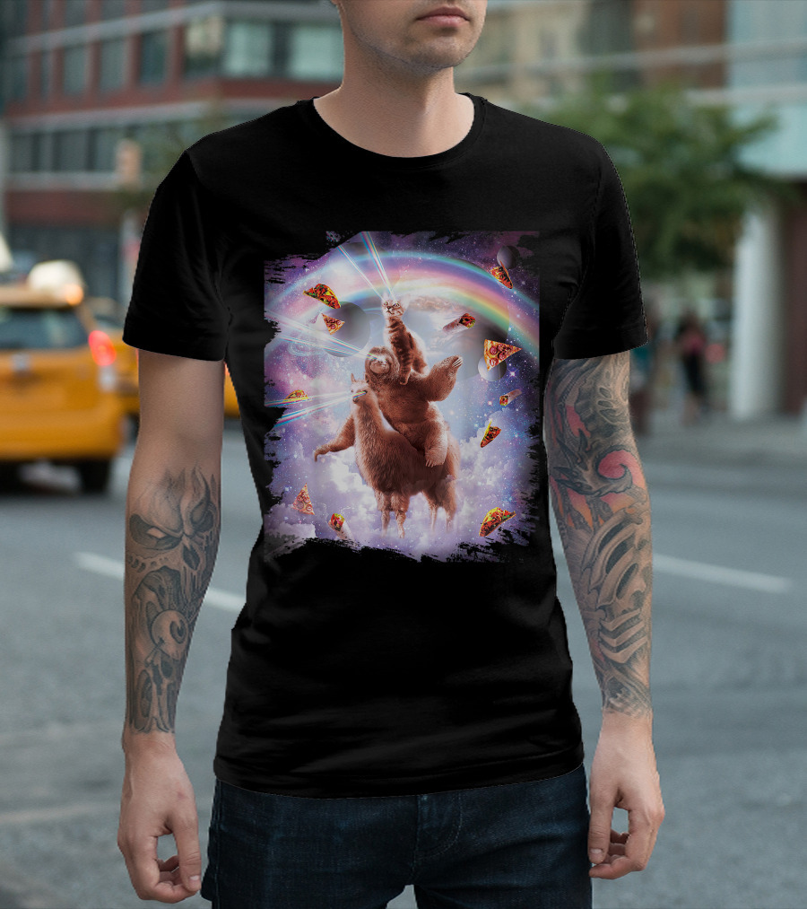 Space Cat with Laser Eyes Riding Sloth on Llama Under Rainbow with Pizza in Galaxy T-Shirt