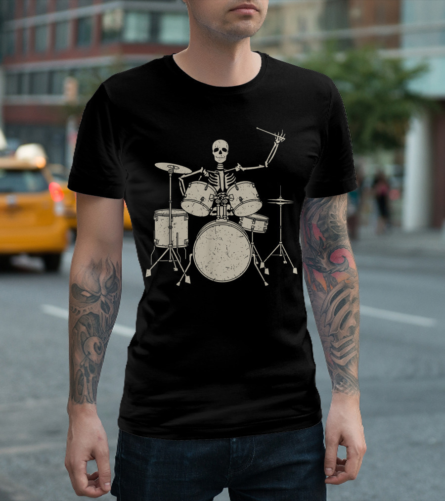 Halloween Skeleton Playing Drums Cute Funny Drummer T-Shirt