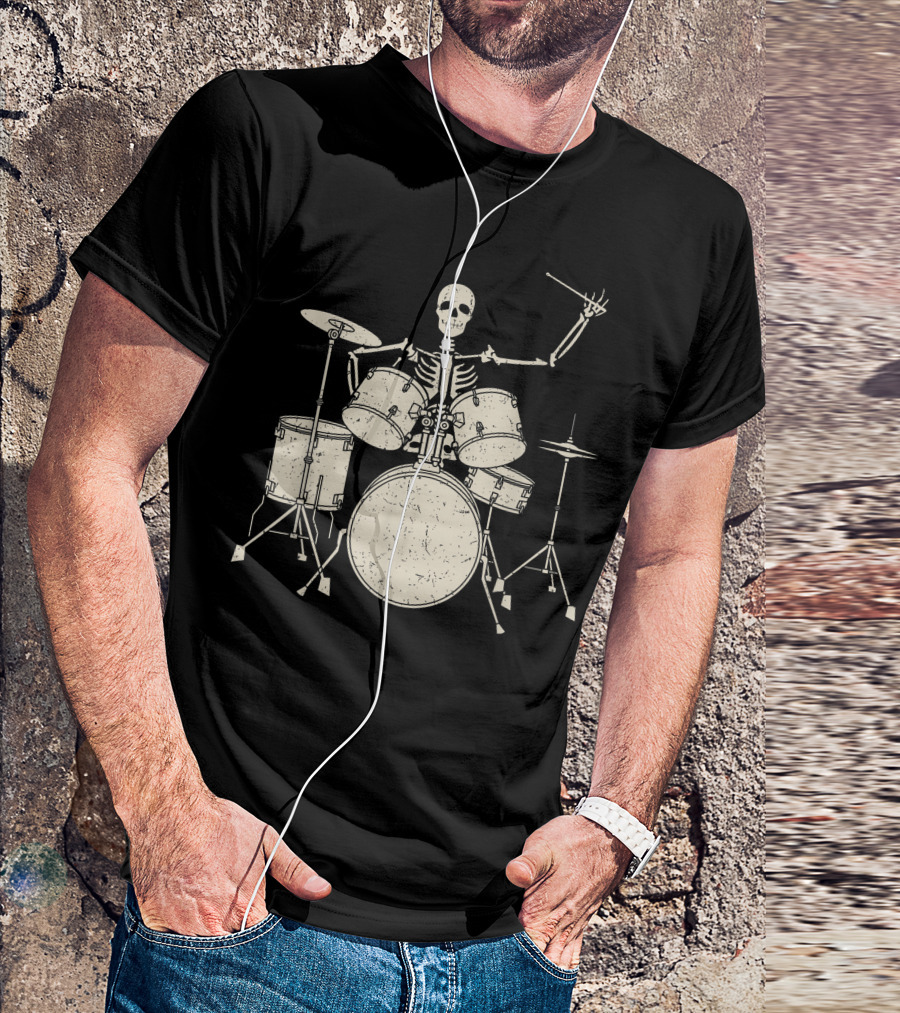 Halloween Skeleton Playing Drums Cute Funny Drummer T-Shirt