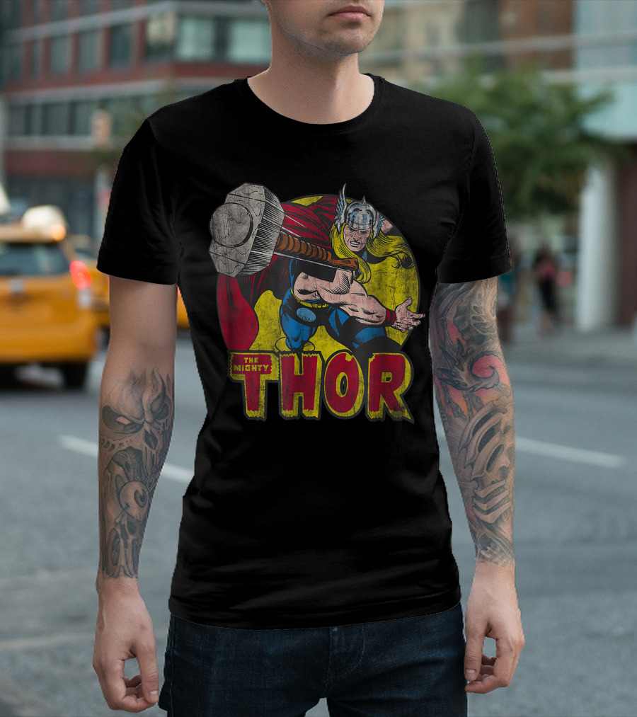 Mighty Thor Vintage Hammer Throw Dynamic Comic T-Shirt