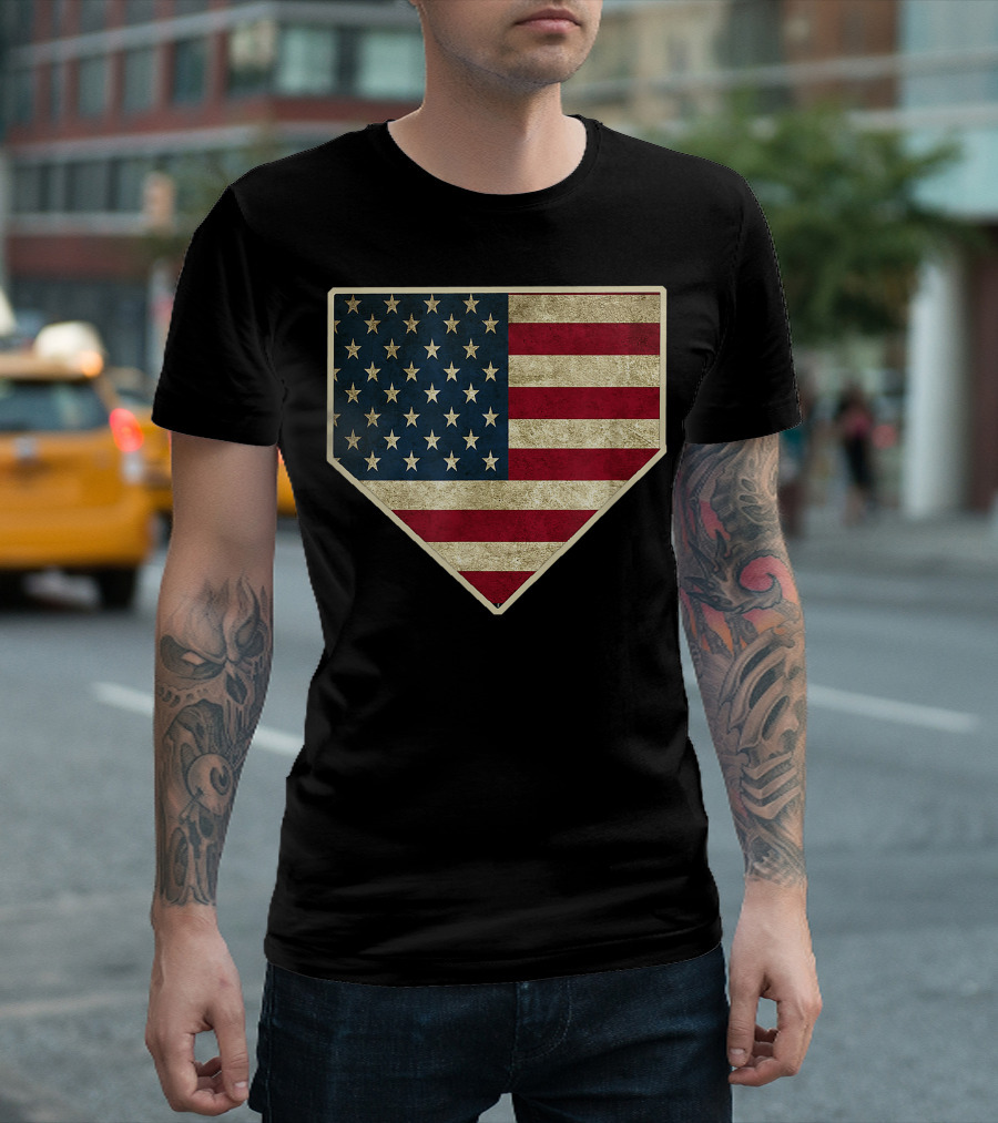 Vintage American Flag Baseball Home Plate Sports USA Patriotic T-Shirt