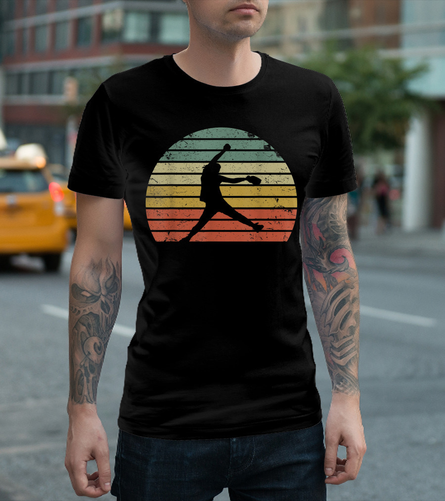 Vintage Softball Girl Pitching Retro Sunset T-Shirt
