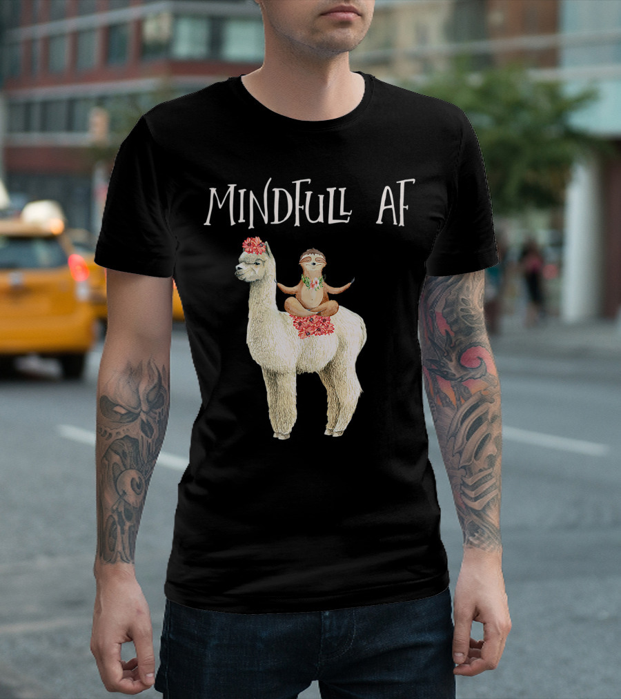 Mindfull AF Funny Sloth Riding Llama Zen Yoga Meditation T-Shirt