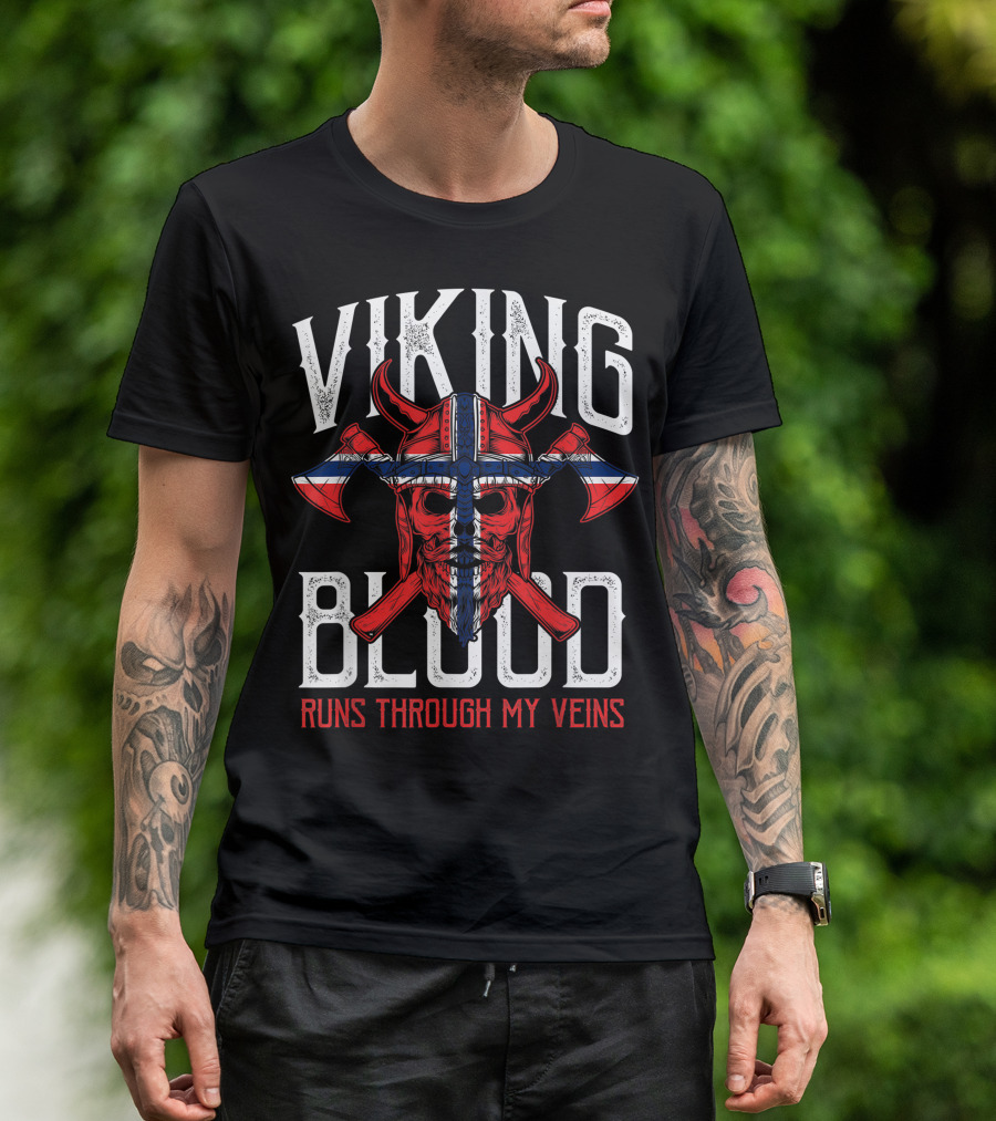 Viking Blood Norwegian Flag Skull Runs Through My Veins T-Shirt