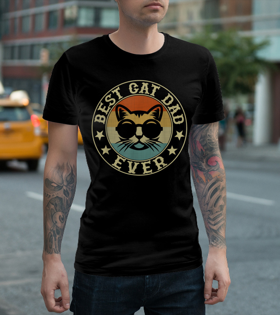 Best Cat Dad Ever Vintage Retro Style Cat with Sunglasses and Stars T-Shirt