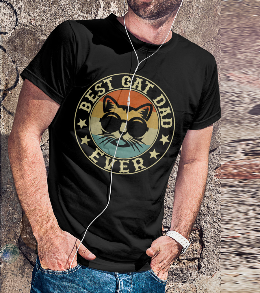 Best Cat Dad Ever Vintage Retro Style Cat With Sunglasses And Stars T-Shirt