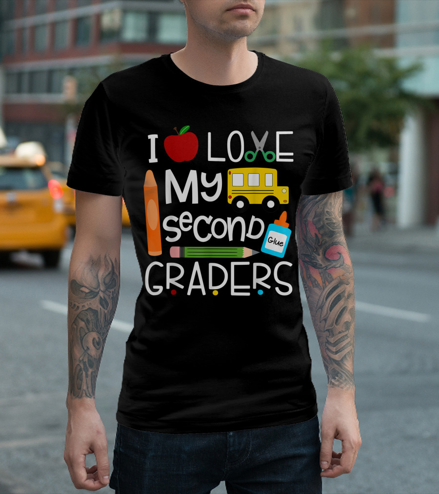 I Love My Second Graders Apple Crayon Pencil Bus Glue Scissors T-Shirt