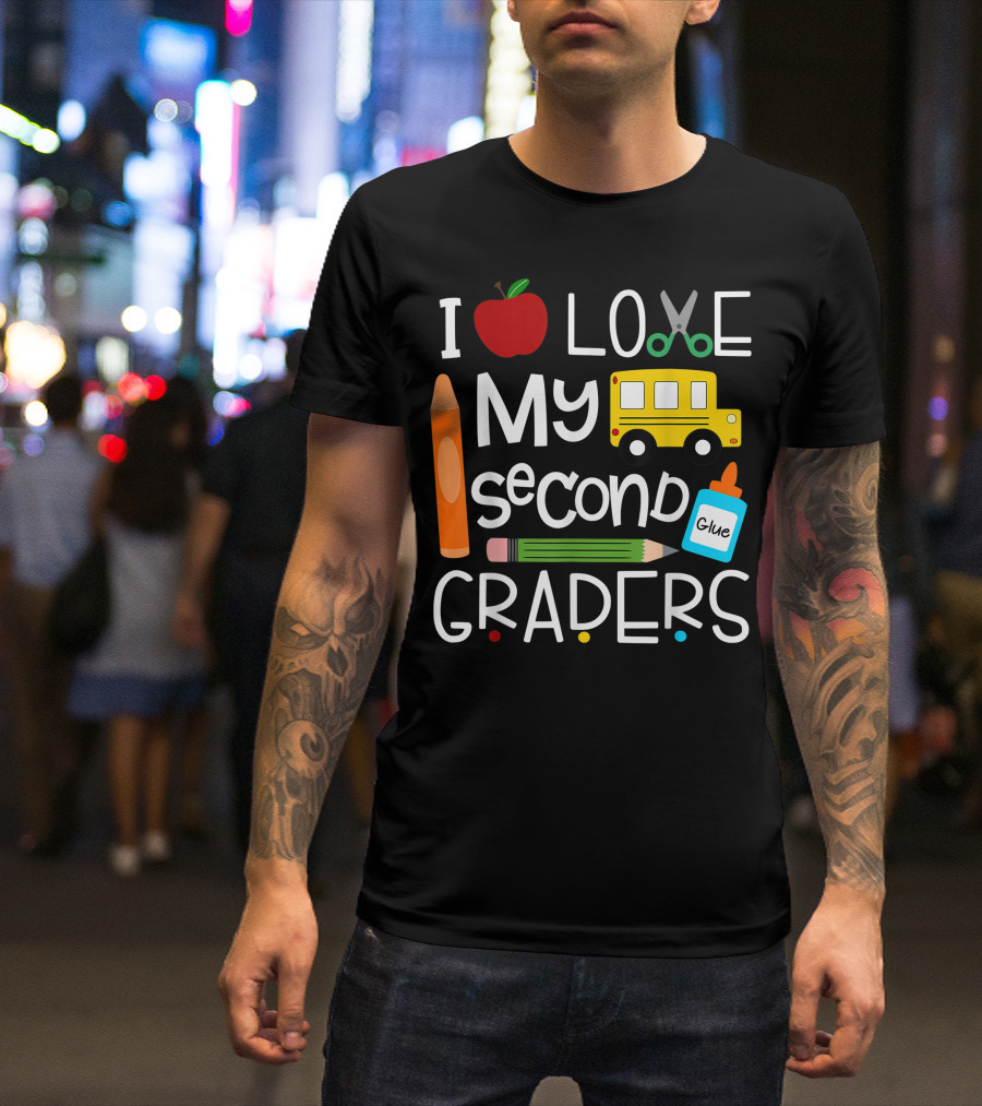 I Love My Second Graders Apple Crayon Pencil Bus Glue Scissors T-Shirt