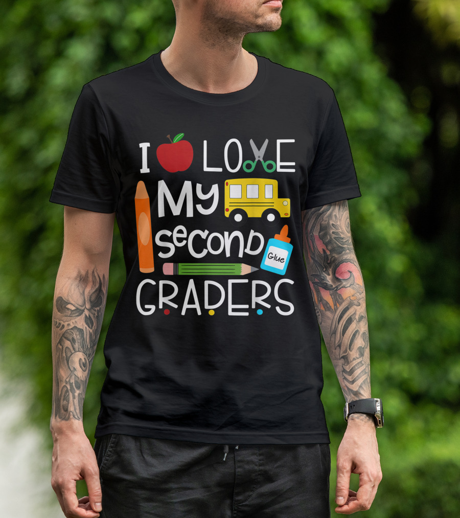I Love My Second Graders Apple Crayon Pencil Bus Glue Scissors T-Shirt