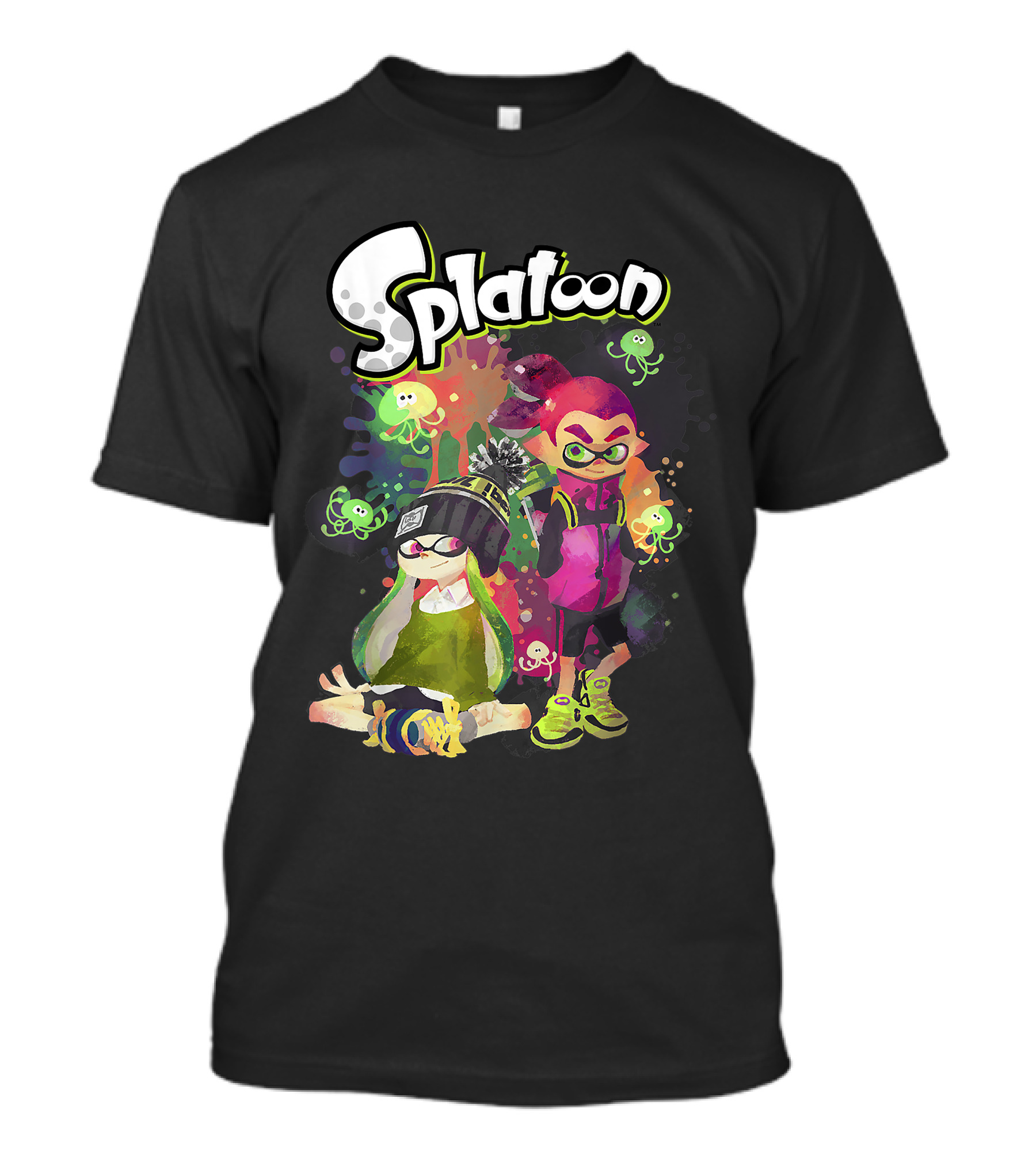 Splatoon Inkling Duo With Vibrant Paint Splatter And Squid Characters T-Shirt