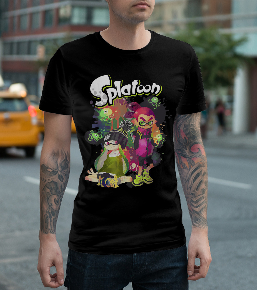 Splatoon Inkling Duo With Vibrant Paint Splatter And Squid Characters T-Shirt