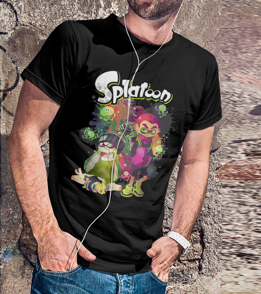 Splatoon Inkling Duo With Vibrant Paint Splatter And Squid Characters T-Shirt
