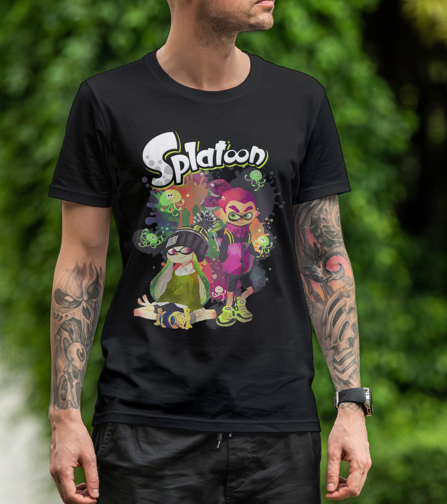 Splatoon Inkling Duo With Vibrant Paint Splatter And Squid Characters T-Shirt