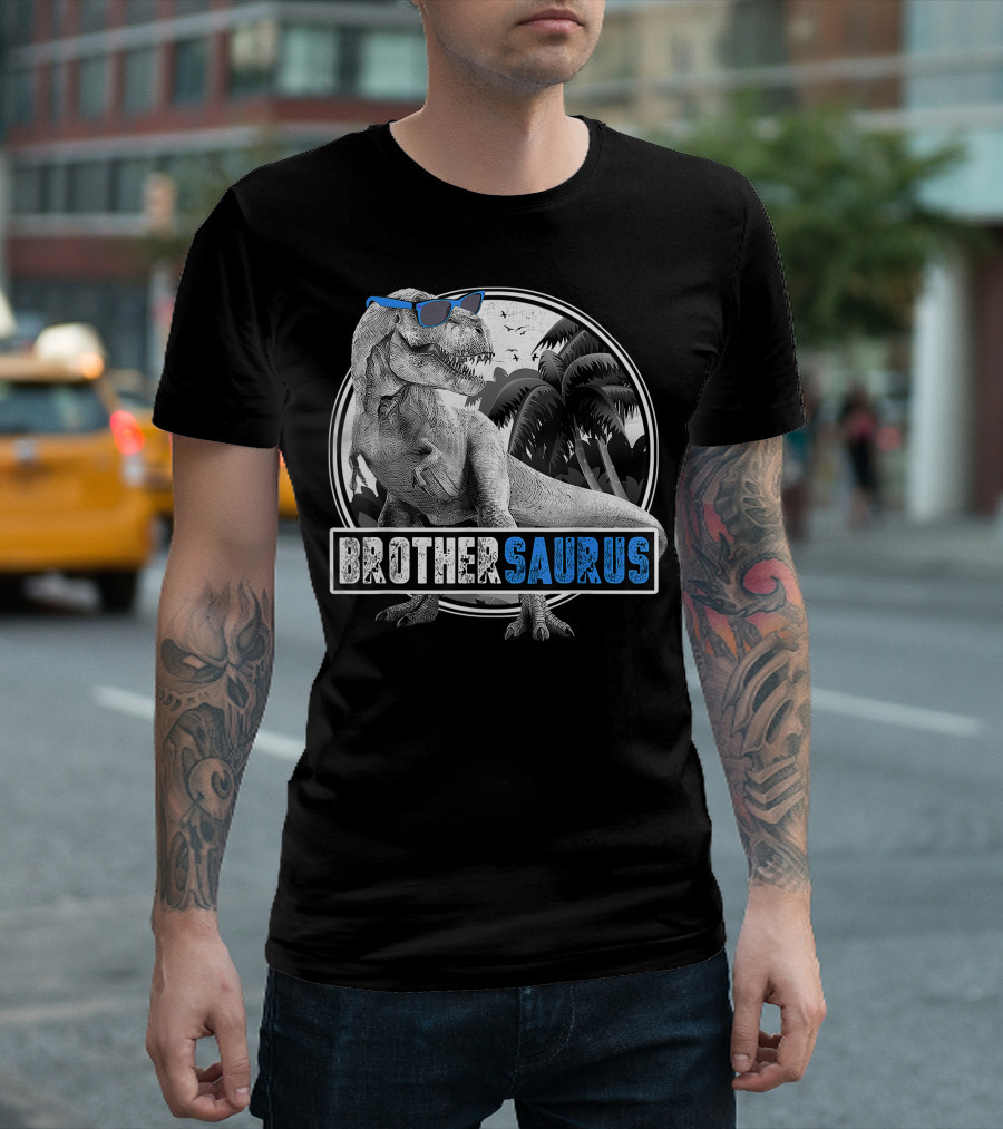 Brothersaurus Rex Dinosaur with Sunglasses and Palm Trees T-Shirt