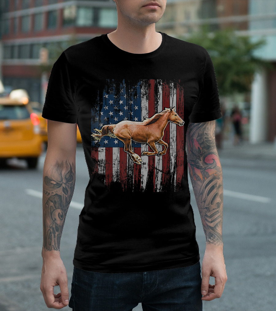 Patriotic Horse American Flag Country Riding Farm Freedom T-Shirt