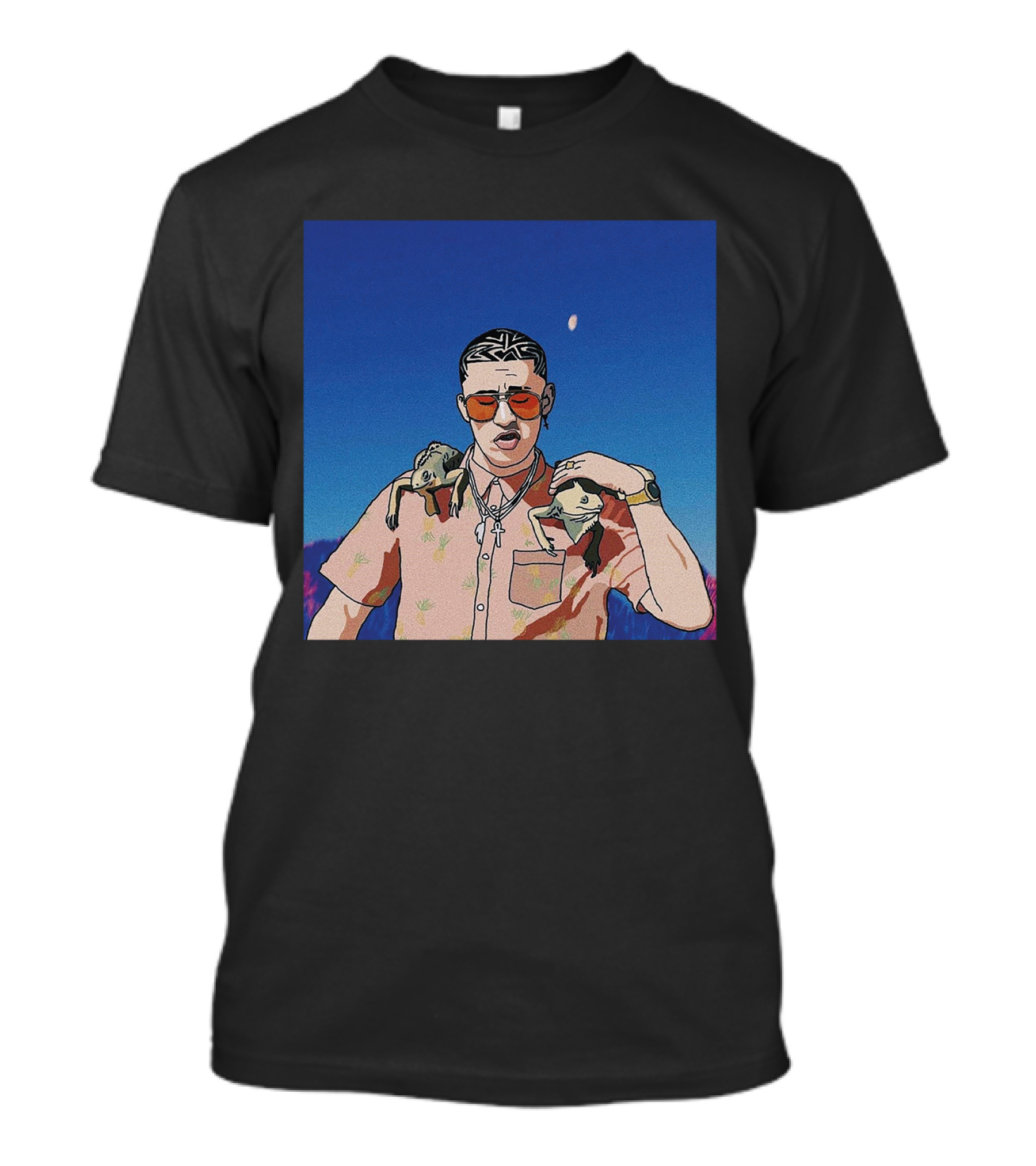 Bad Bunny Vibrant Illustration With Frogs And Moonlit Sky T-Shirt
