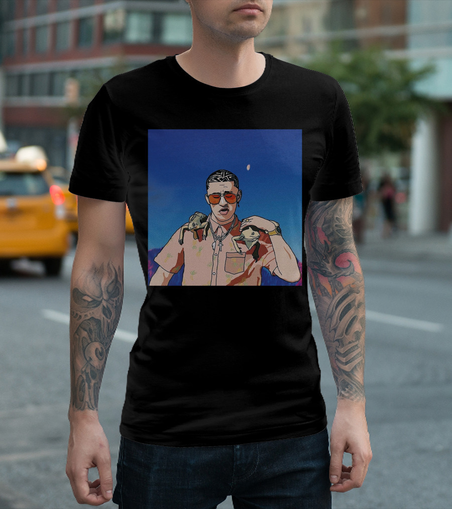 Bad Bunny Vibrant Illustration With Frogs And Moonlit Sky T-Shirt