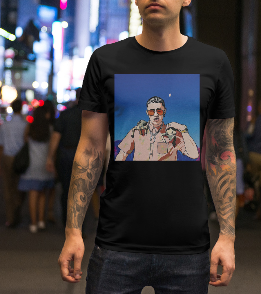 Bad Bunny Vibrant Illustration With Frogs And Moonlit Sky T-Shirt