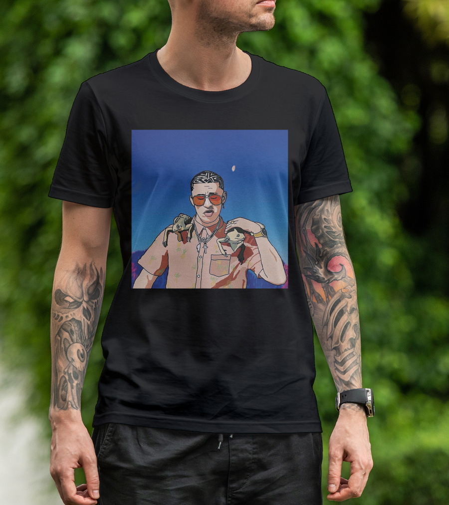 Bad Bunny Vibrant Illustration With Frogs And Moonlit Sky T-Shirt