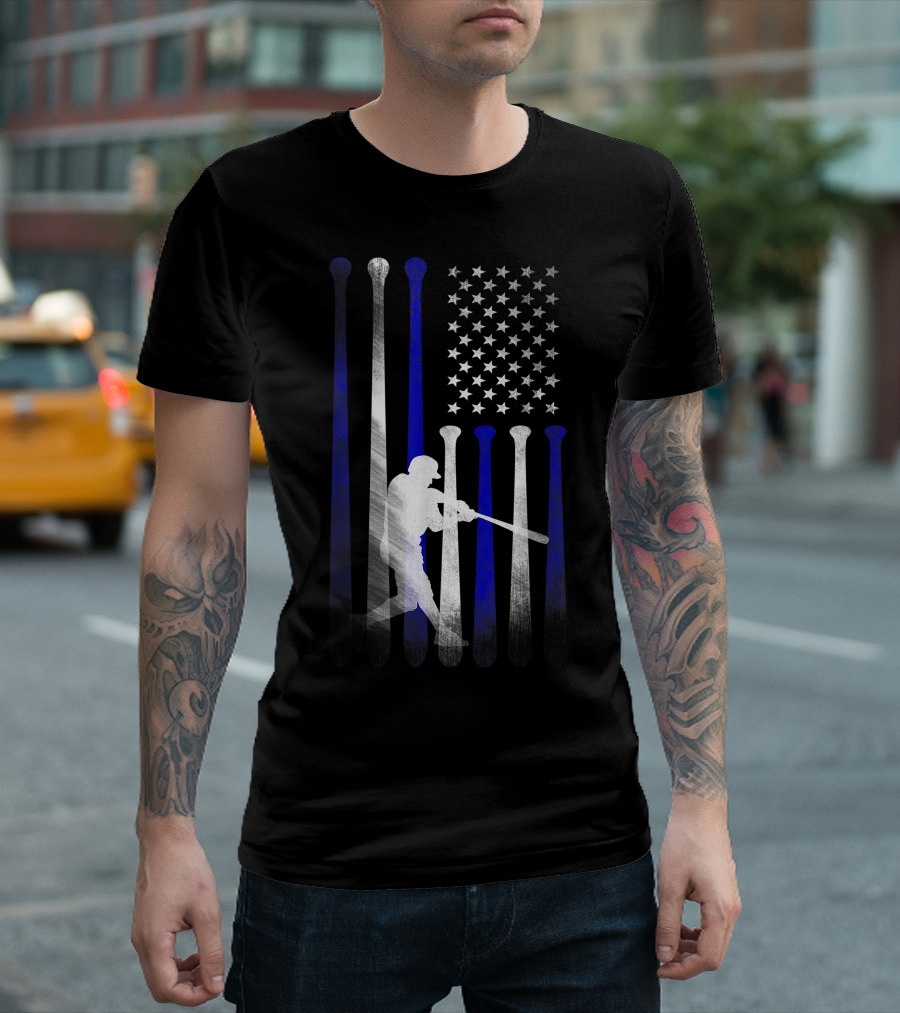 American Flag Baseball Player Silhouette with Bats and Stars T-Shirt