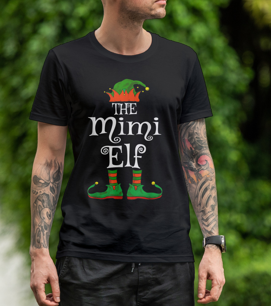 The Mimi Elf Family Matching Funny Christmas Grandma Hat Boots Stripes T-Shirt