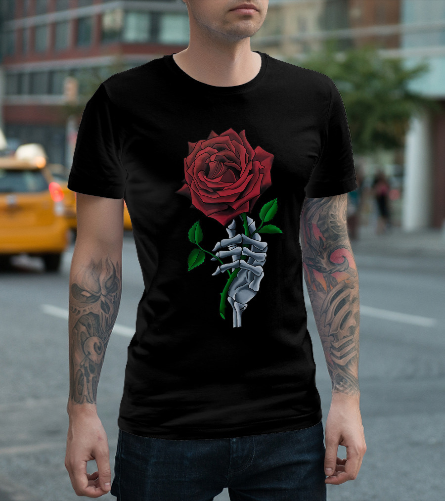 Skeleton Hand Holding Red Rose Flower T-Shirt