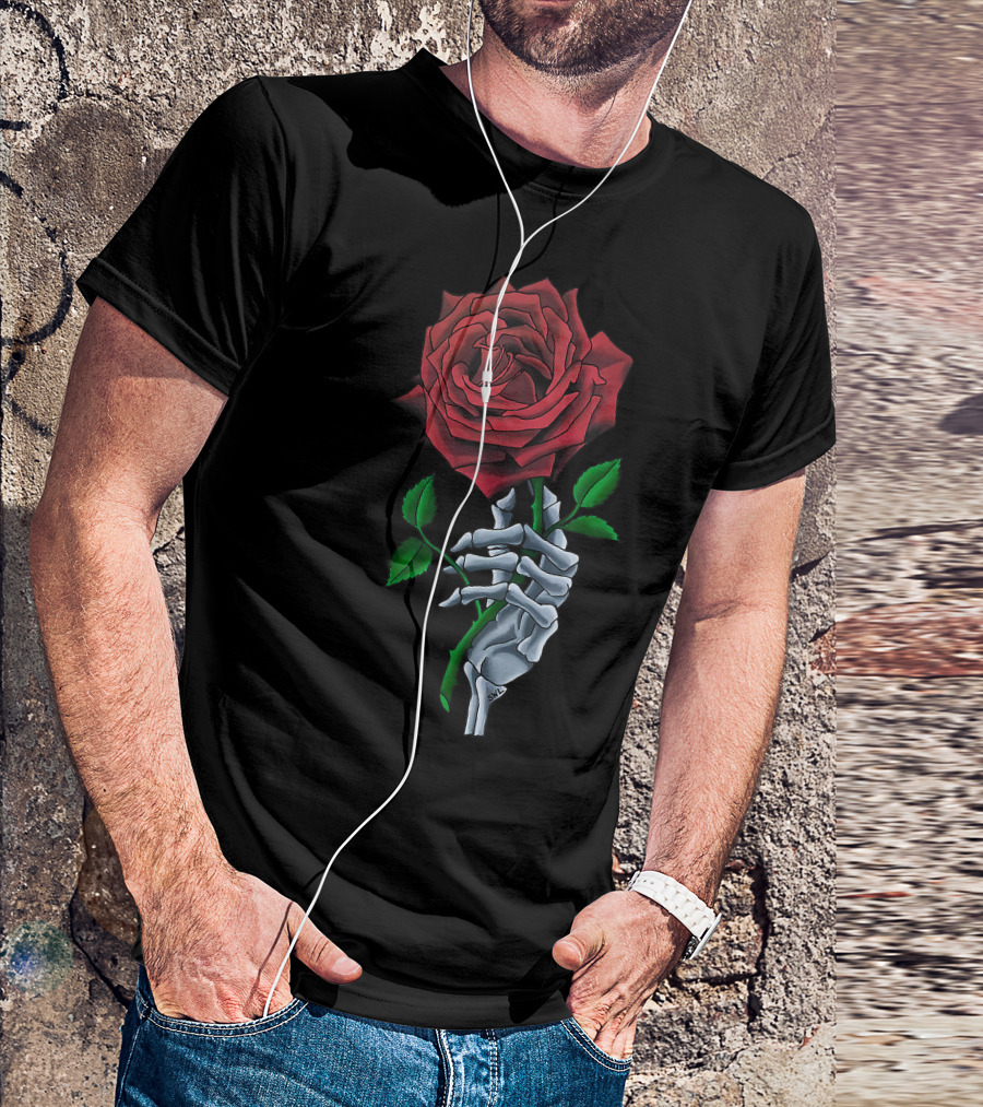 Skeleton Hand Holding Red Rose Flower T-Shirt