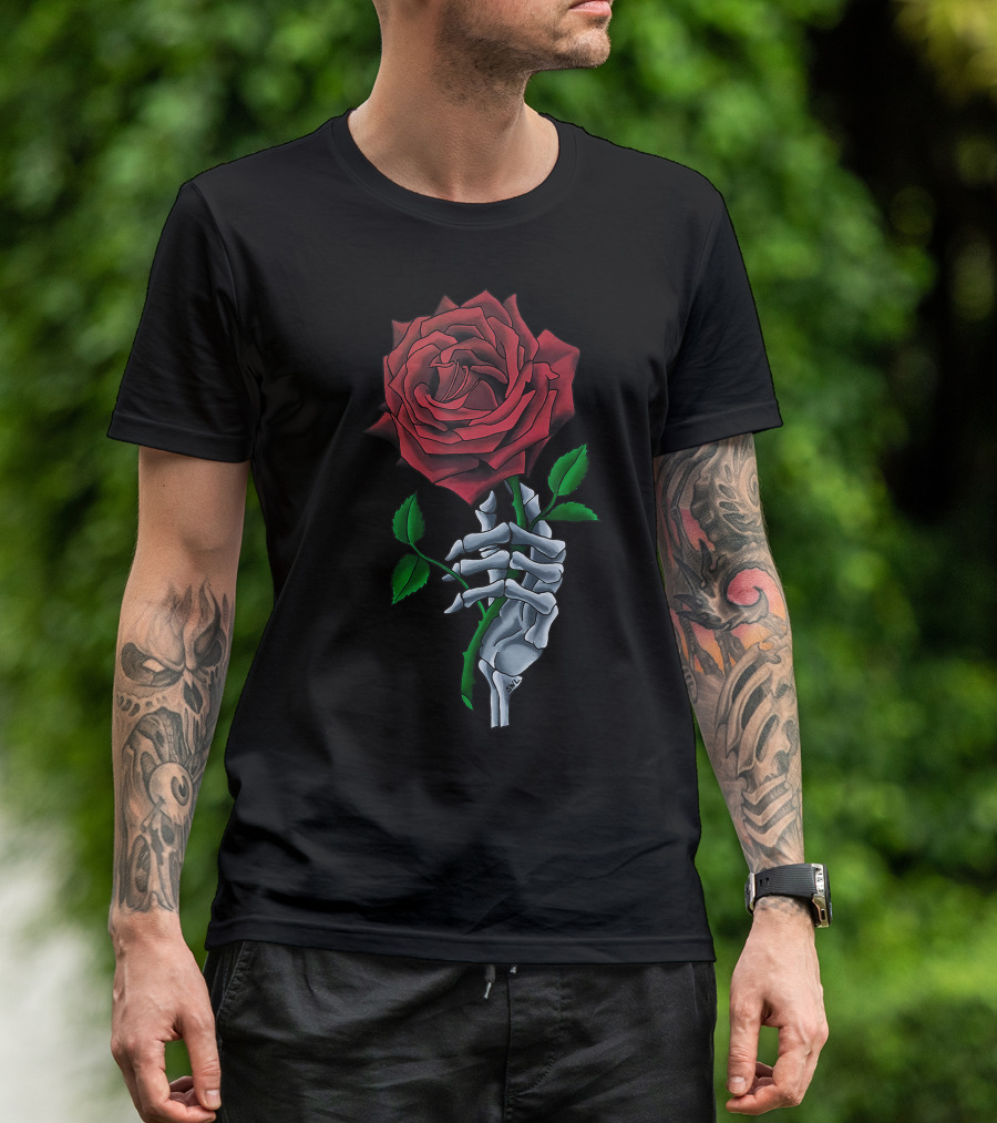 Skeleton Hand Holding Red Rose Flower T-Shirt