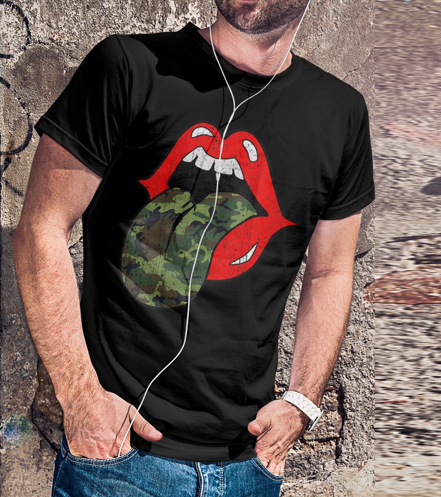Rolling Stones Red Lips Camo Tongue Retro Vintage Trendy Camouflage T-Shirt