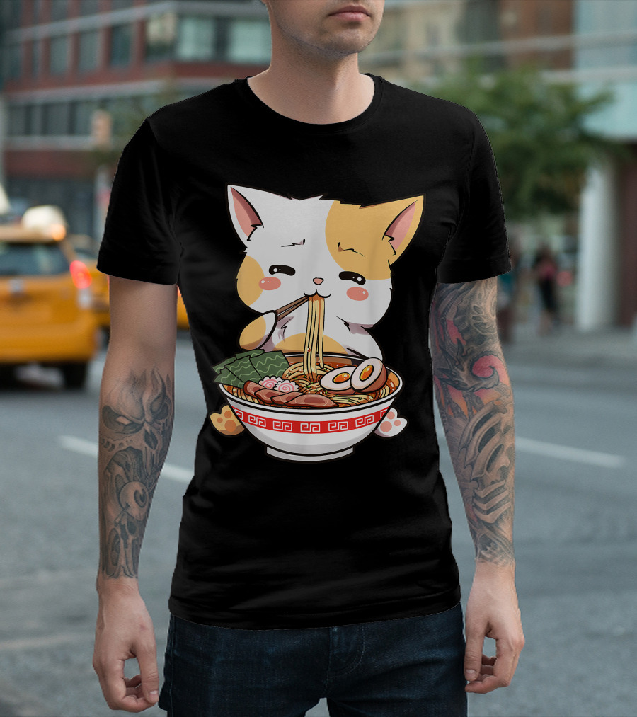 Kawaii Neko Ramen Cute Cat Eating Japanese Noodle Bowl Funny Anime T-Shirt