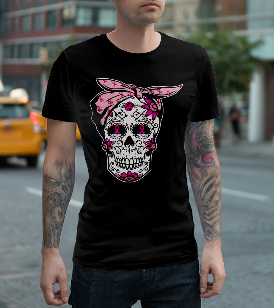 Sugar Skull Pink Ribbon Breast Cancer Awareness Floral Bandana T-Shirt