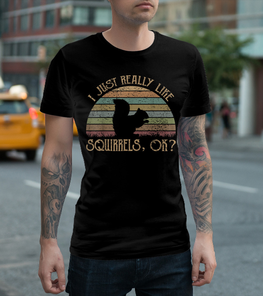 I Just Really Like Squirrels OK Vintage Retro Stripes T-Shirt